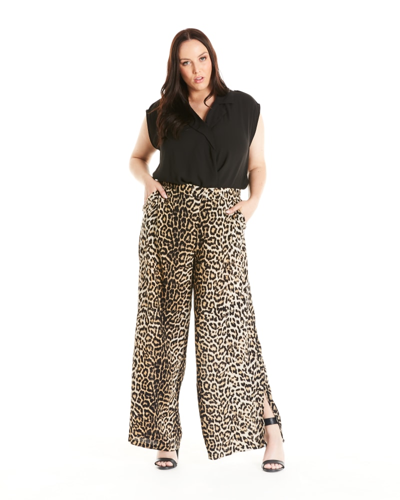 Front of a model wearing a size 1X Shelter Animal-Print Wide-Leg Pant in Print by Estelle. | dia_product_style_image_id:235238